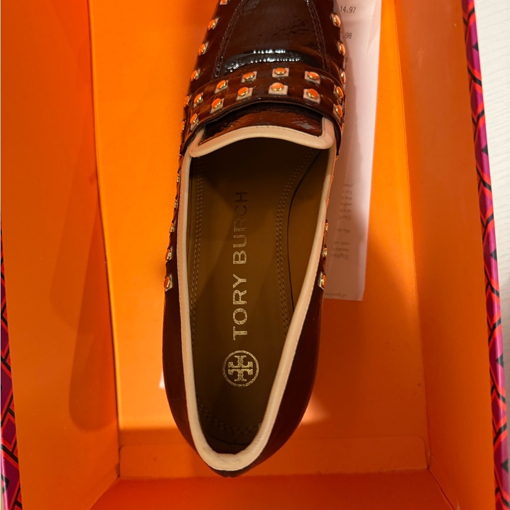 Tory Burch Maroon and Gold Studded Loafers - Picture 6 of 10